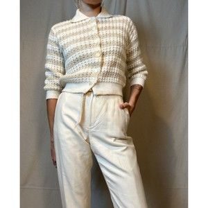 Vintage 100% Dupont Orlon Acrylic Beige, And Gold, Button-Down Collard Cardigan